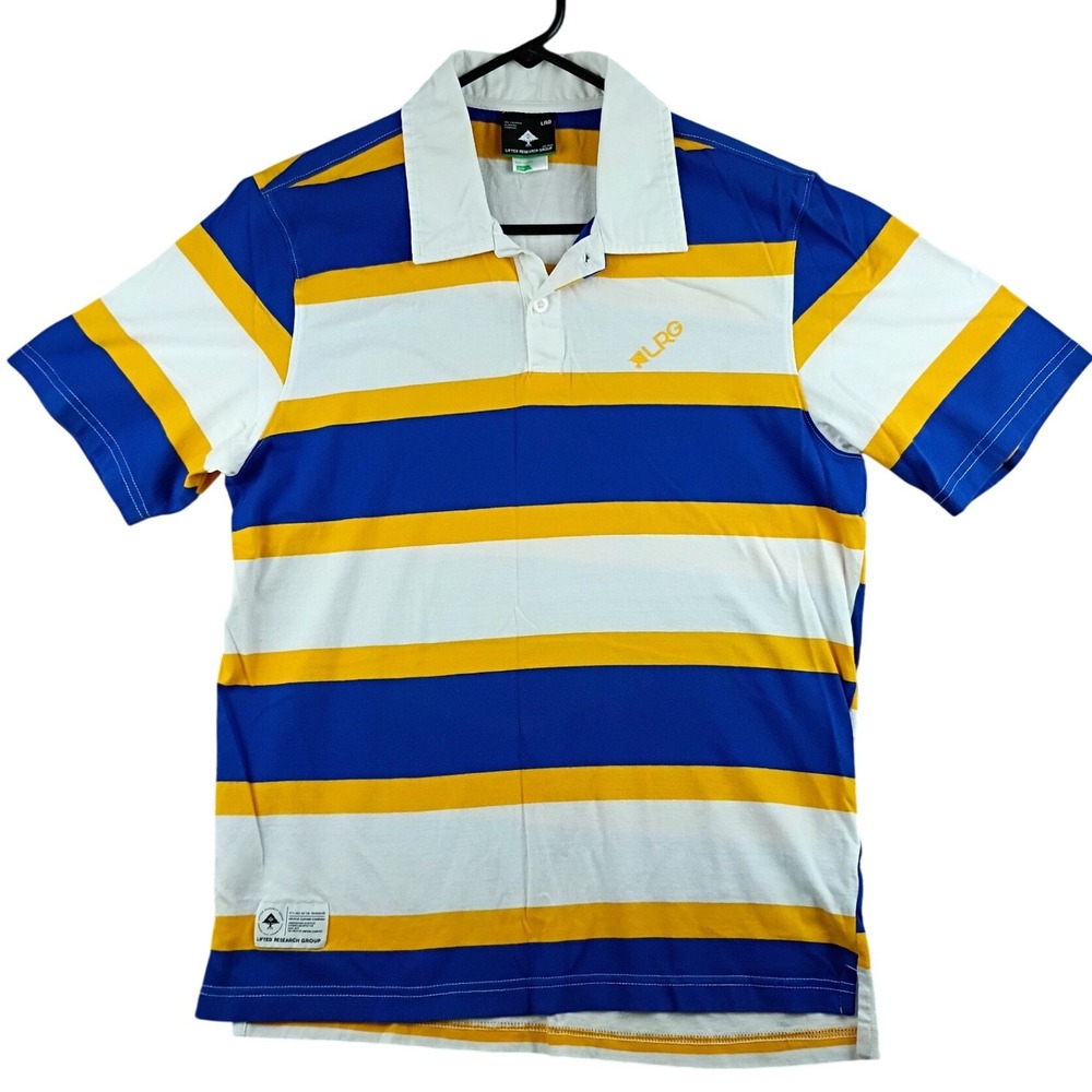 LRG Polo Shirt Mens Small Blue Yellow White Striped Streetwear Short Sleeve